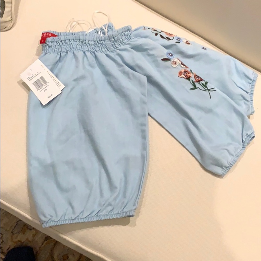 Guess Light Blue Floral Embroidered Crop Top